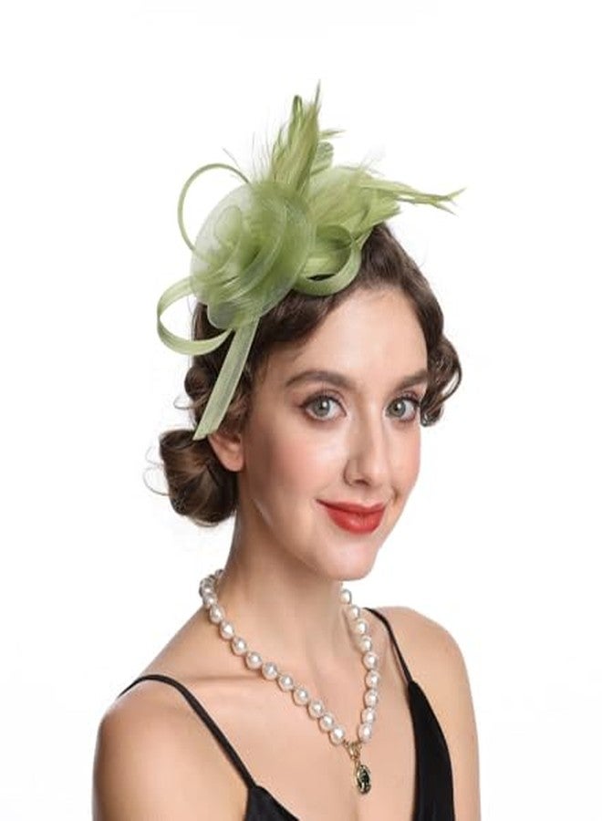 SAFERIN Fascinator for Women Hair Clip Hat Bowler Feather Flower Veil Wedding Party Tea Hat (US, Alpha, Medium, M-Avocado Green) - Image 2